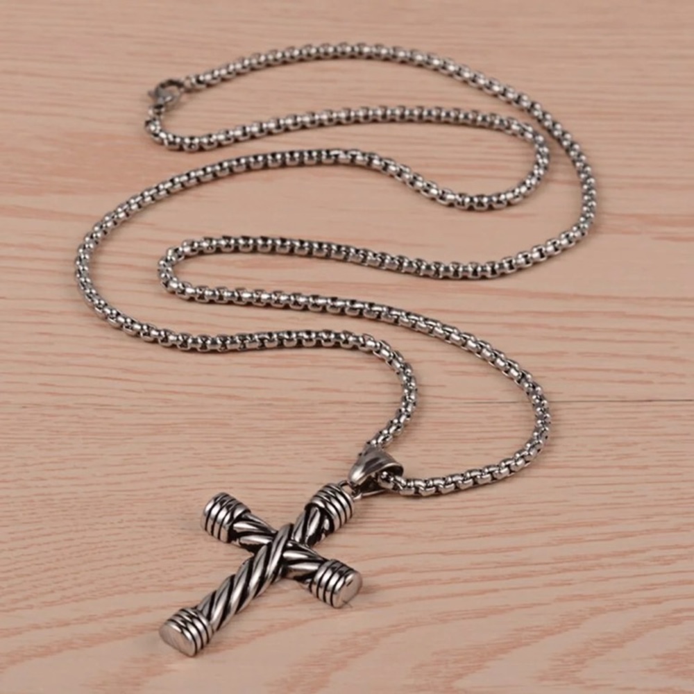 Large Men’s Stainless Steel Silver Cross Necklace